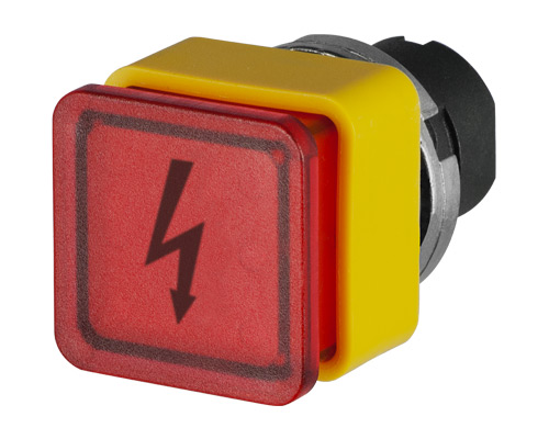 020PQAFLRKS072 - Pulsador rojo saliente cuadrado, luminoso, con símbolo actual
