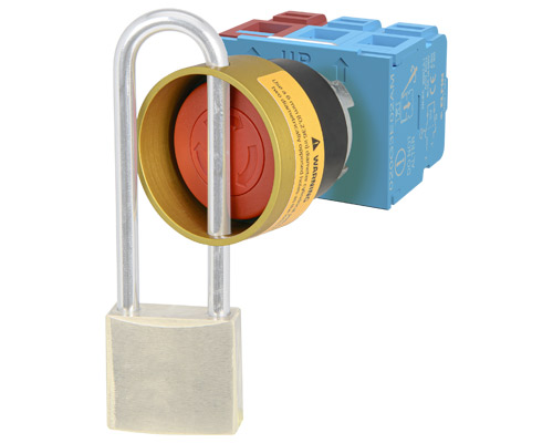 020PTARP02AM - Noodstop drukknop rood 32 mm met draai ontgrendeling vergrendelbare ring, 2 NC zelfbewaking