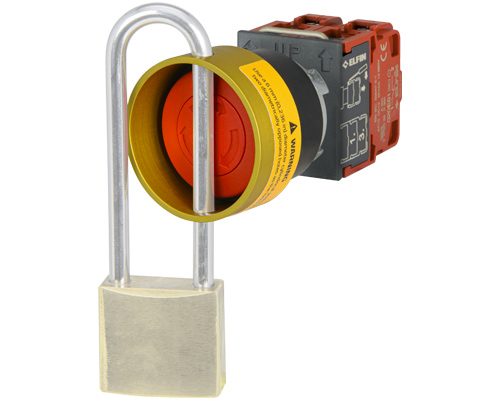 Mushroom push-button Ø 32, padlockable guard