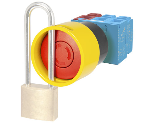 020PTFASRVP02AM - Noodstop drukknop rood 42 mm met draai ontgrendeling vergrendelbare ring, 2 NC zelfbewaking
