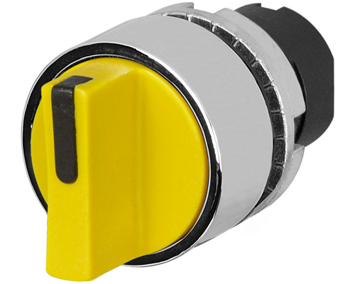 020STAMBGWD - Knob selector switch, yellow, 2-position, Cam B, spring return from RH, metal