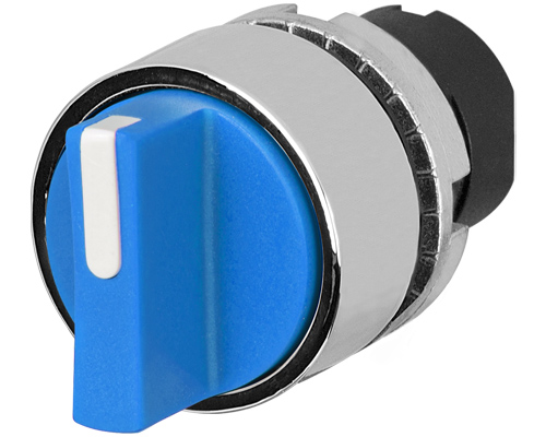 020STAMOBLWC - Knob selector switch, blue, 3-position, Cam O, spring return to Centre, metal