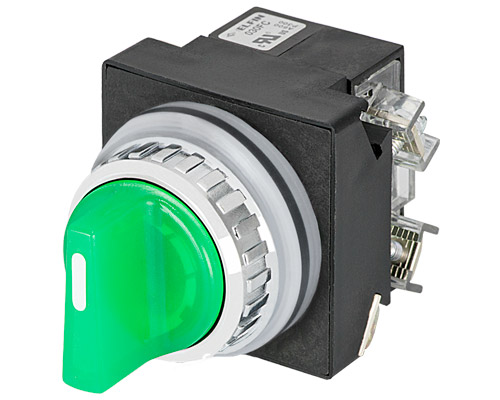 030SMLBVFAFC24 - Illuminated knob selector switch, green, 2-position, Cam B led BA9S, N.O.+N.C.