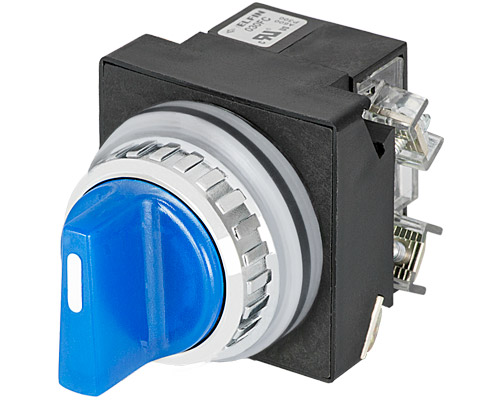 030SMLOBL2FAC24 - Selector luminoso de mando, azul, 3 posiciones, Cam O, led BA9S, muelle con retorno al centro, 2 N.O.