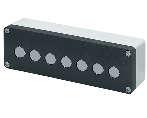 040C0826-6P7L - Aluminium push-button enclosure M10 85x260x65, 7 holes Ø 22, without cable entry