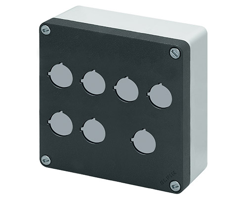 040C1414-6EP7C - Aluminium push-button enclosure M10 140x140x65, 7 holes Ø 22, with cable entry