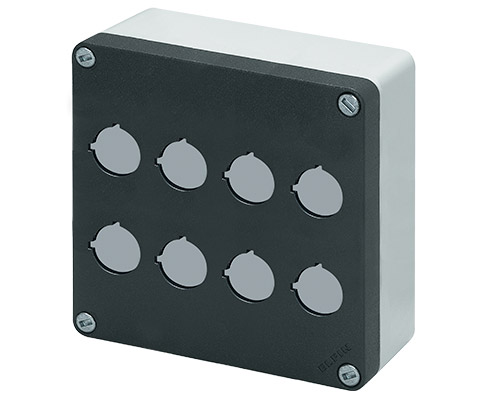 040C1414-6EP8 - Aluminium push-button enclosure M10 140x140x65, 8 holes Ø 22, with cable entry