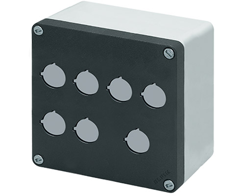 040C1414-8EP7C - Aluminium push-button enclosure M10 140x140x85, 7 holes Ø 22, with cable entry