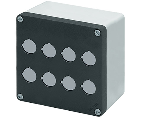 040C1414-8EP8 - Aluminium push-button enclosure M10 140x140x85, 8 holes Ø 22, with cable entry