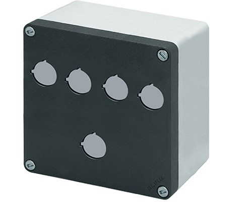 040C1414-8P5C - Aluminium push-button enclosure M10 140x140x85, 5 holes Ø 22, without cable entry