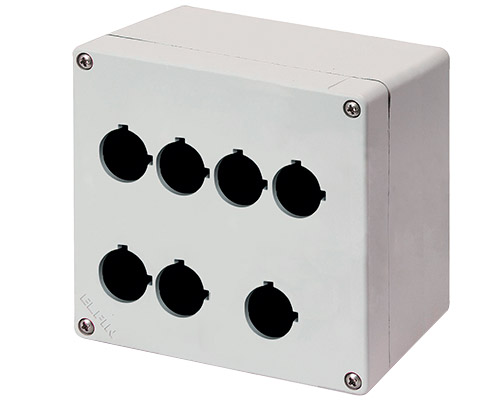 040C1515-1EP7C - Aluminium push-button enclosure M4 152x152x100, 7 holes Ø 22, with cable entry