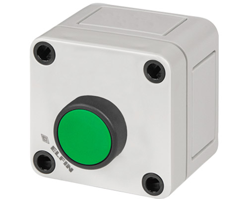 080CS0606-5PV - Polystyrene push-button enclosure 65x65x57 with green guarded push-button