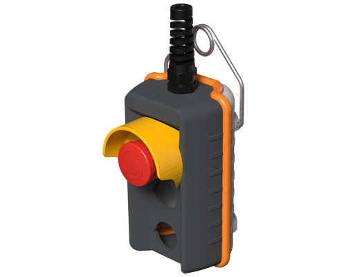 080R140-AP2 - Boîte à boutons pendantes, commande à distance, 140 mm, avec bouton d'arrêt d'urgence et collerette, 2 trous, grise