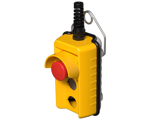 080R140-GAP2 - Pulsantiera pensile remota, 140 mm, con pulsante di emergenza e ghiera di protezione, 2 fori, gialla