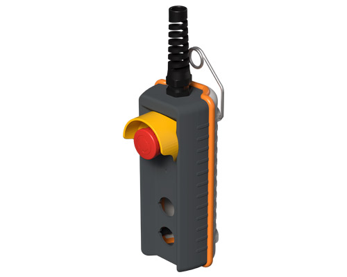 080R200-AP2C - Pulsantiera pensile remota, 200 mm, con pulsante di emergenza e ghiera di protezione, 2 fori, grigia