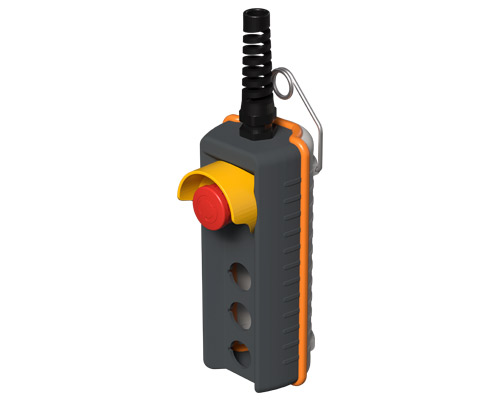 080R200-AP3C - Pulsantiera pensile remota, 200 mm, con pulsante di emergenza e ghiera di protezione, 3 fori, grigia
