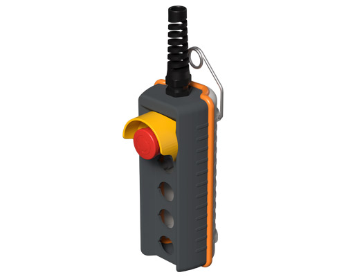 080R200-AP4 - Pulsantiera pensile remota, 200 mm, con pulsante di emergenza e ghiera di protezione, 4 fori, grigia