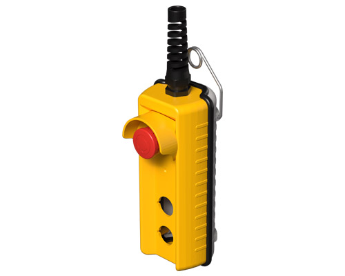 080R200-GAP2C - Pulsantiera pensile remota, 200 mm, con pulsante di emergenza e ghiera di protezione, 2 fori, gialla