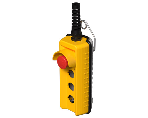 080R200-GAP3 - Pulsantiera pensile remota, 200 mm, con pulsante di emergenza e ghiera di protezione, 3 fori, gialla
