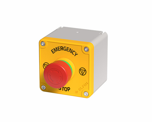 080TU0707-6GA12 - Caja pulsadora in PA + fibra de vidrio 70x70x63 amarillo con Pulsador de emergencia d32, 1NO+2NC, UL