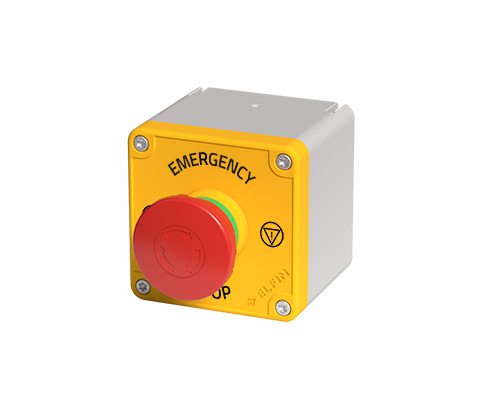 080TU0707-6GF12 - Caja pulsadora in PA + fibra de vidrio 70x70x63 amarillo con Pulsador de emergencia d40, 1NO+2NC, UL