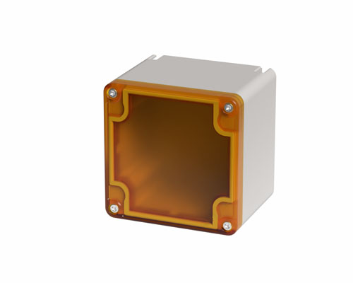 080TU0909-7T - Caja pulsadora in PA + fibra de vidrio 90x90x74, sin orificios, transparente, UL