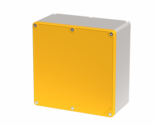 080TU1818-9G - Caja pulsadora in PA + fibra de vidrio 180x180x94, sin orificios, amarillo, UL