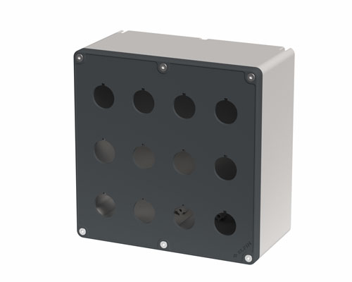 080TU1818-9P12 - Caja pulsadora in PA + fibra de vidrio 180x180x94, 12 orificios d22, UL